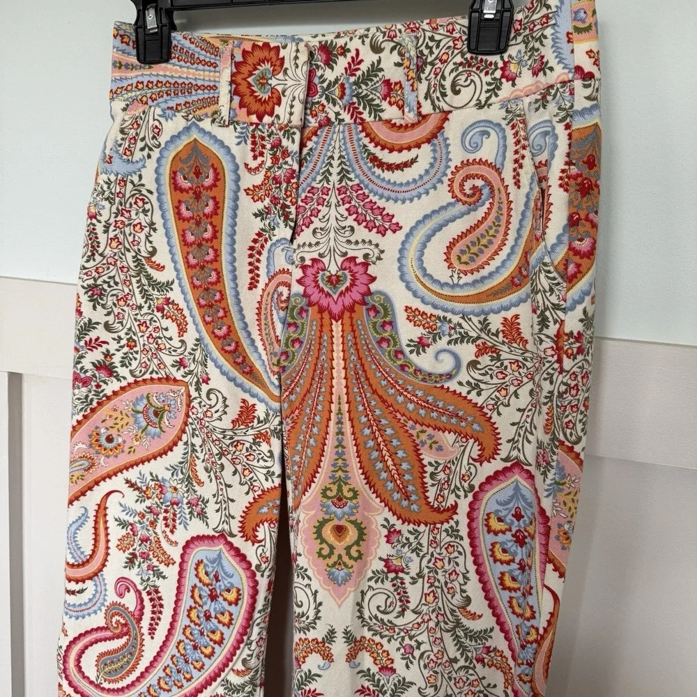 J Crew Cropped Pants Women's Size 0‎ Paisley 100% Cotton Preppy Colorful Spring